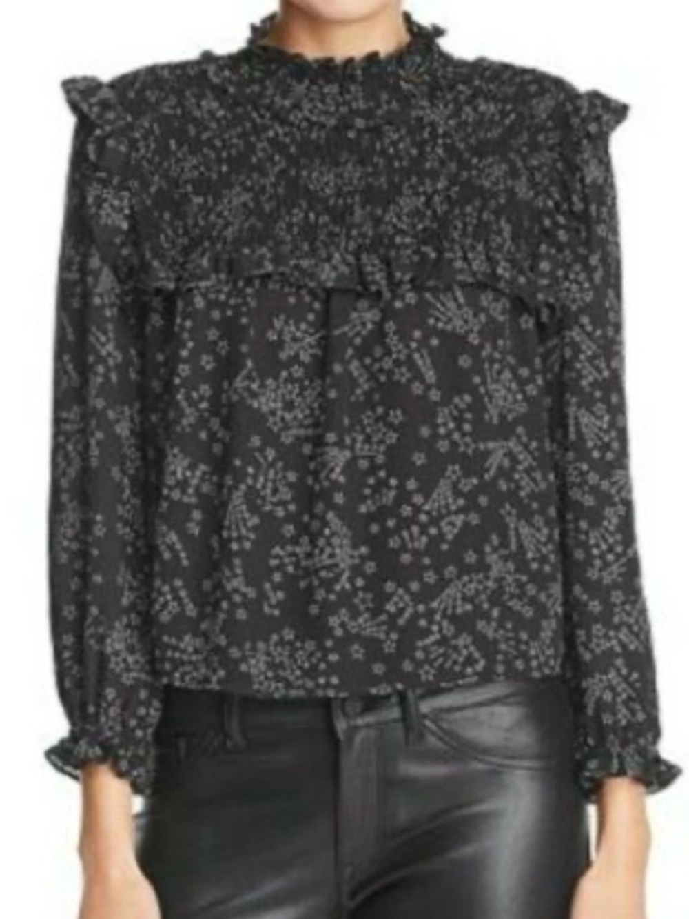 Rebecca Minkoff Sharon Star Patterned Black Blouse, Size XL (flaws)